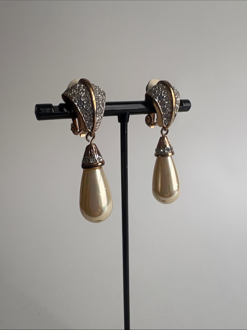Gold Teardrop Pearl Drop Earrings Pavé Crystal Women Jewelry